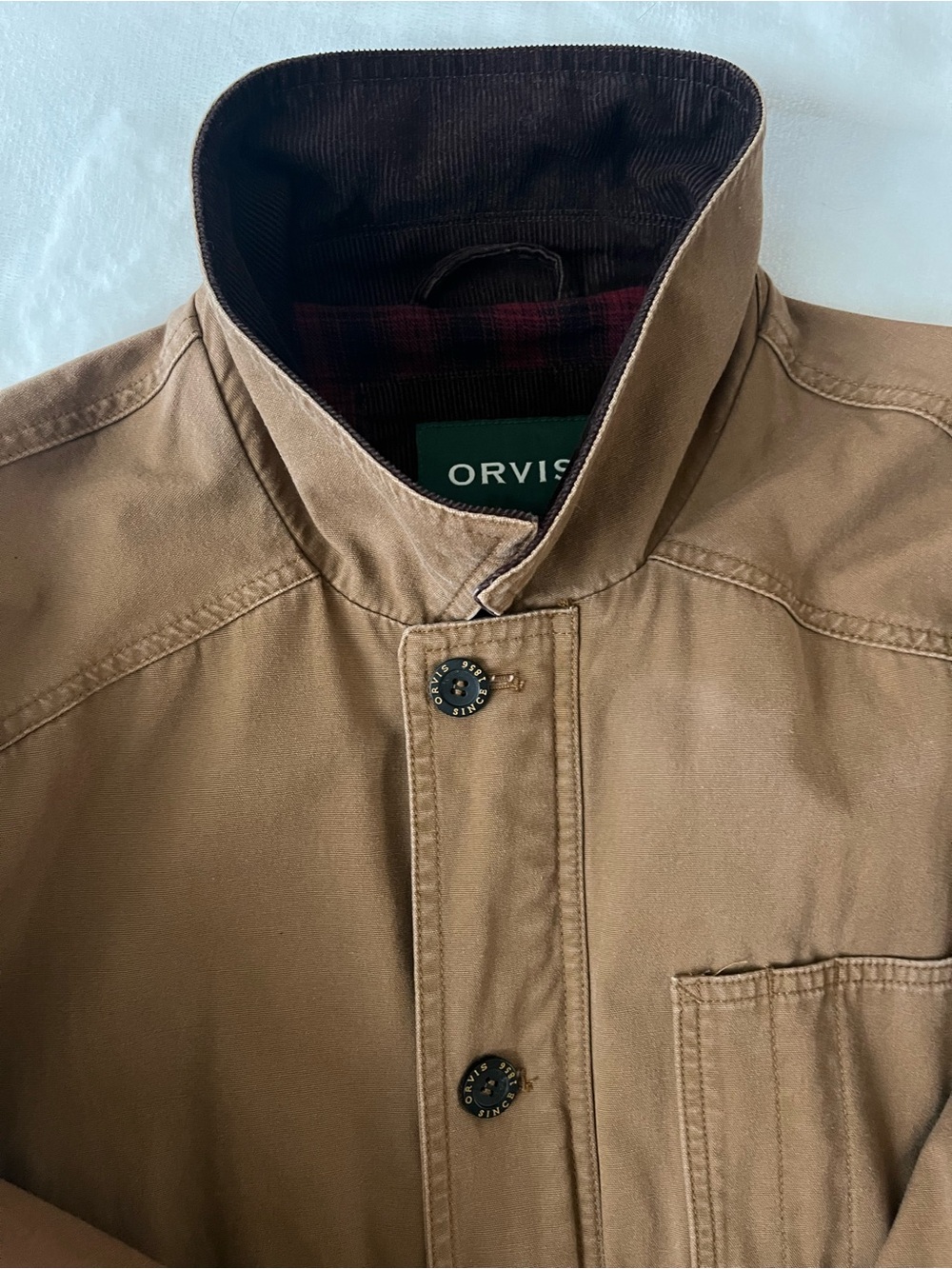 Orvis Heritage Canvas Barn Coat with Dark Brown Corduroy Collar & Plaid Lining - Picture 8 of 16